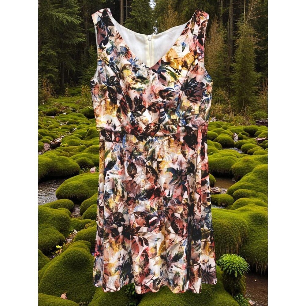 Y2K Burnout Velvet Fall Leaves Dress M V Neck Babydoll Neutral HOCO Formal